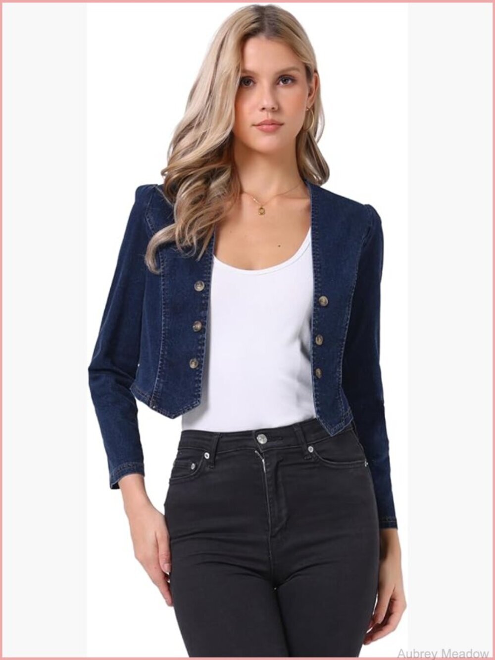 Cropped Denim Jacket Open Front Collarless Long Sleeve Button Decor Cardigan